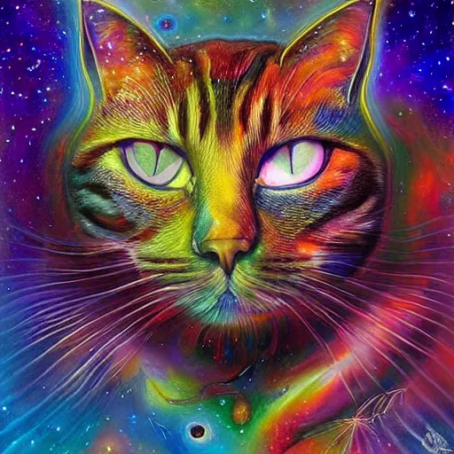 Image similar to a galaxy colored psychedelic chakra awakening kundalini ethereal portrait of a cat with her eyes closending to a higher plane of existence, eternal blessing, multiverse, by android jones, by ben ridgeway, visionary art, by artgerm, featured on artstation, cgsociety, by greg rutkowski