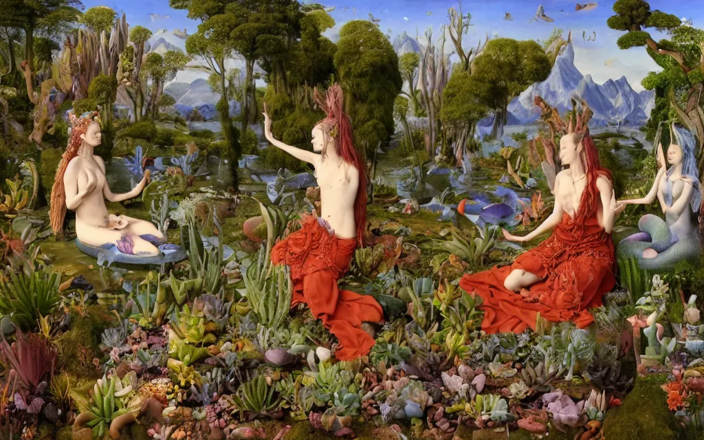 Prompt: a portrait photograph of a meditating mermaid shaman and a centaur monk feeding succulents at a wide river delta. surrounded by bulbous flowers, animals and trees. mountain range under a vast blue sky of burning stars. painted by jan van eyck, max ernst, ernst haeckel and artgerm, cgsociety, artstation, fashion editorial