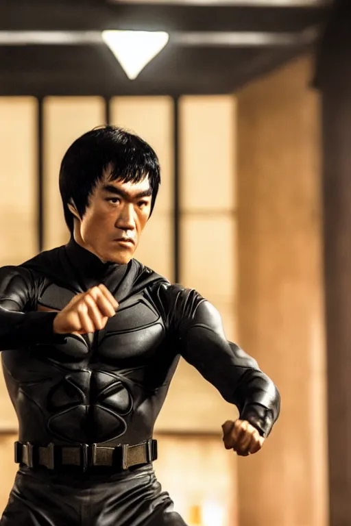 Prompt: A still of Bruce Lee as Bruce Wayne in The Batman 2022, red high-end suit, close-up, sigma male, rule of thirds, award winning photo, unreal engine, studio lighting, highly detailed features, Gotham setting