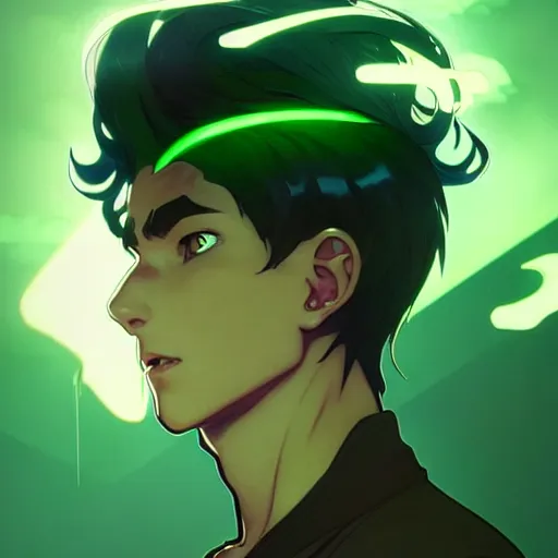 Prompt: a face portrait character design by artgerm, cushart krenz, greg rutkowski and alphonse mucha. young danny phantom!! glowing green eyes!! bold outline sharp edges. ultra clear detailed. 8 k. elegant, neon colors, symmetry, intricate complexity, epic composition, magical atmosphere, cinematic lighting masterpiece trending on artstation 8 k octane render.