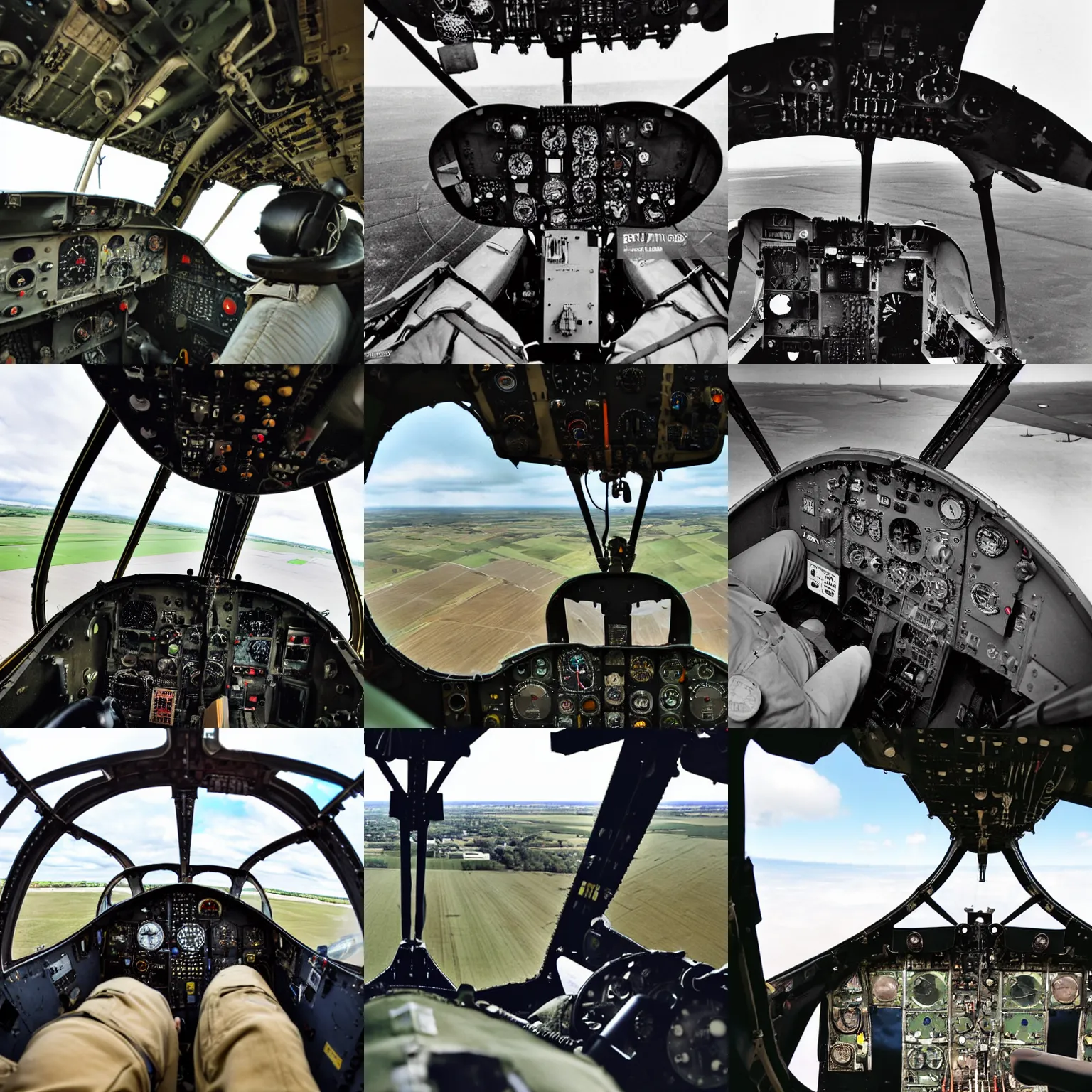 Prompt: View from inside a spitfire aeroplane, cockpit view, pilot's viewpoint in a spitfire