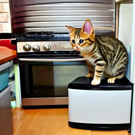 Prompt: a tabby kitten on top of a fridge in the kitchen