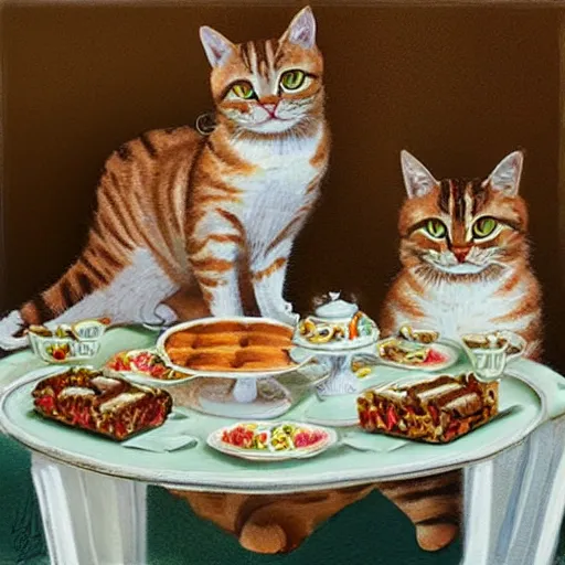 Image similar to three tabby cats attend a fancy english tea party, photorealistic photorealism