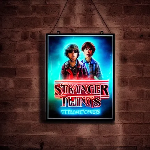 Image similar to stranger things poster hanging on a dark neon light brick wall