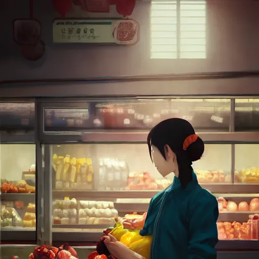 Image similar to a photography of a woman Grocer with frock,looks like Ziyi Zhang ponytail, grocery store around，winter,anime style character, clean soft lighting, backlit beautiful face, Oil painting, by Ilya Kuvshinov, Greg Rutkowski and Makoto Shinkai