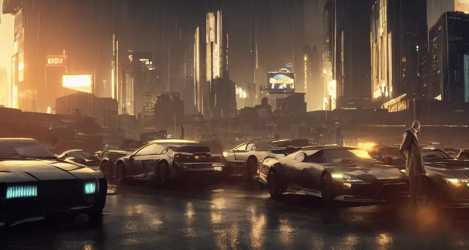 Image similar to An epic, distopian cityscape with many cars in the style of bladerunner with a blond man in a suit in the center and another man in a Trenchcoat talking to hin in secret, unreal 5, DAZ, hyperrealistic, octane render, volumetric clouds, dynamic lighting