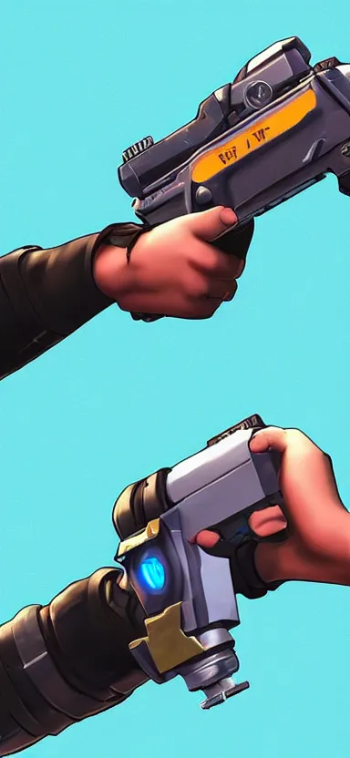 Image similar to “ hand in glove holding laser gun from the side, cinematic, digital art, fortnite style, award winning ”