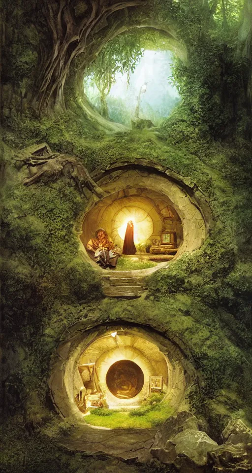 Prompt: concept illustration of a hobbit hole from lord of the rings ', by david mattingly and michael whelan and tim jacobus and francisco goya. realistic 8 k matte painting with photorealistic hd lighting. composition and layout inspired by gregory crewdson and brendon burton.