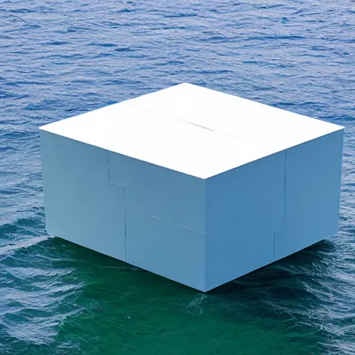 Image similar to a cube in the middle of the sea in the style of richard serra