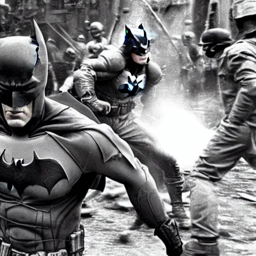 Prompt: Batman fighting in the Vietnam War, analog photograph, gritty, 1967-n 9
