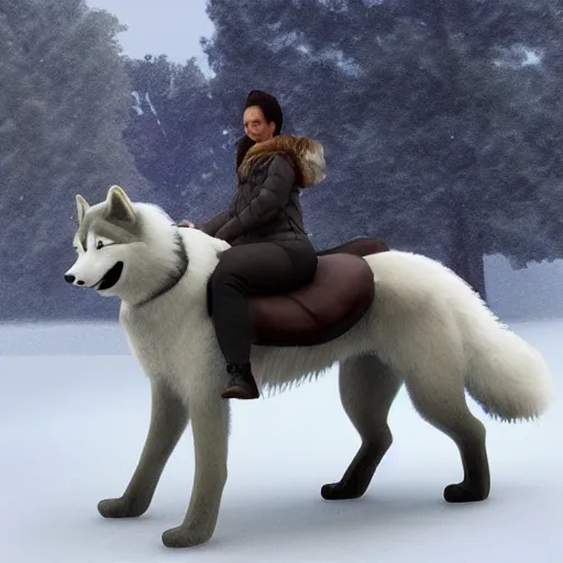Image similar to girl riding a giant husky in the park, snow, trending on artstation