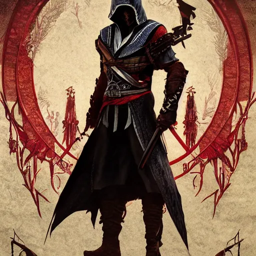 Image similar to an ultra detailed vector image of ezio auditore dressed as the hunter from bloodborne, concept art by alphonse mucha and greg rutkowski, praise the blood moon, octane render, liminal space