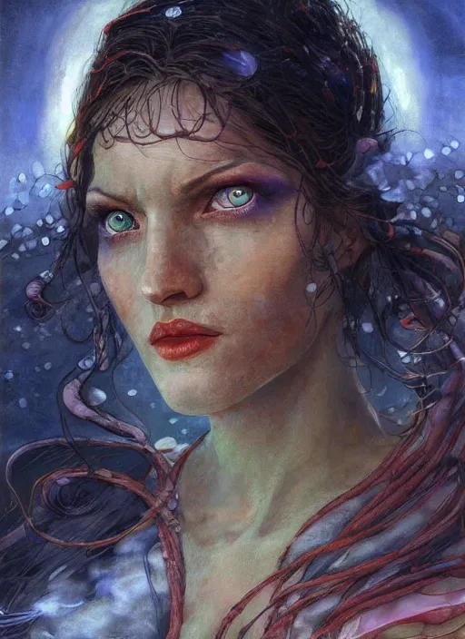 Prompt: biblical shy beautiful female ice mage android, heavy eyes to the side, closeup, bright glowing veins and eyes, in clouds, sunset, portrait, by gerald brom, by mikhail vrubel, by peter elson, muted colors, extreme detail, reflections, trending on artstation, 8 k