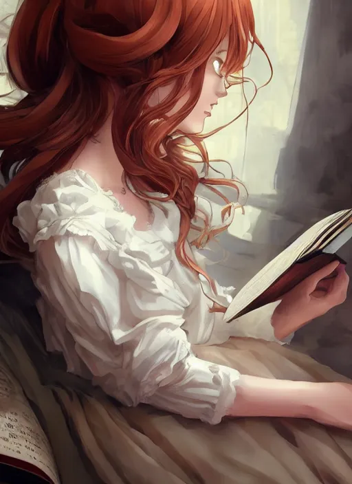 Image similar to a close up of a victorian maid with long flowing auburn hair sitting on a bed holding a book. cute anime eyes. by makoto shinkai, stanley artgerm lau, wlop, rossdraws, james jean, andrei riabovitchev, marc simonetti, krenz cushart, sakimichan, trending on artstation, digital art.