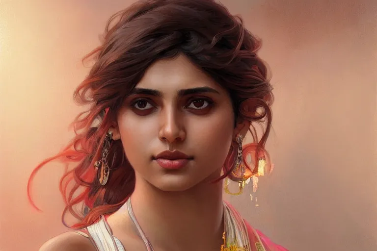 Image similar to Beautiful pale young Indian doctor partying in Texas, portrait, elegant, intricate, digital painting, artstation, concept art, smooth, sharp focus, illustration, art by artgerm and greg rutkowski and alphonse mucha