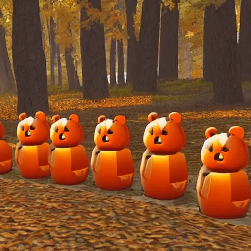 Prompt: a cute smiling bear made of pumpkins walking through the woods, unreal engine