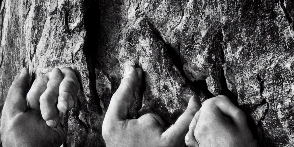 Prompt: ego perspective photography of hands holding climbing mountain in the dolomites, climbing, dolomites, alpine, detailed intricate insanely detailed octane render, 8k artistic 1920s photography, photorealistic, black and white, chiaroscuro, hd, by David Cronenberg, Raphael, Caravaggio