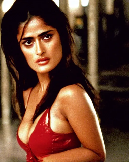 Prompt: film still of closeup portrait of young beautiful salma hayek in from dusk till dawn 1 9 9 6, octane, arney freytag, glamour pose,