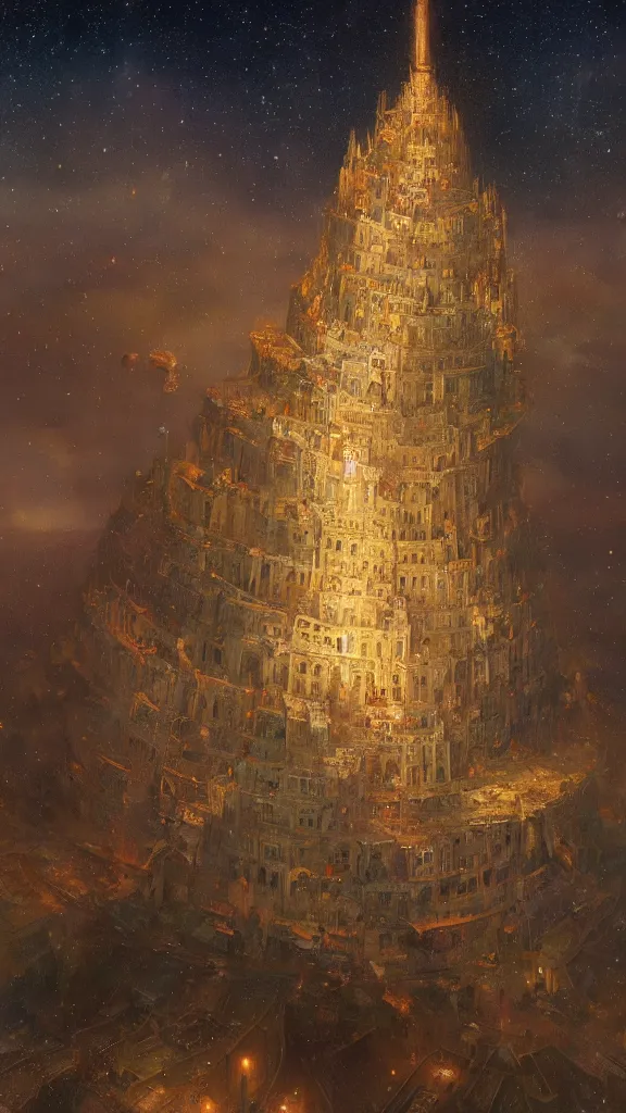 Image similar to a beautiful painting of the tower of babel, at night with a sky full of stars, intricate, elegant, highly detailed, digital painting, artstation, concept art, by krenz cushart and artem demura and alphonse mucha