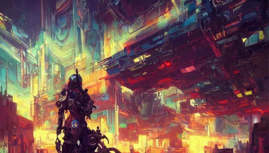 Prompt: psychedelic cyberpunk stylish super soldier in a dark complex scifi vast detailed city, allegorical style, by peter mohrbacher, jeremy mann, francoise nielly, van gogh, ross tran, beautiful, award winning scenery