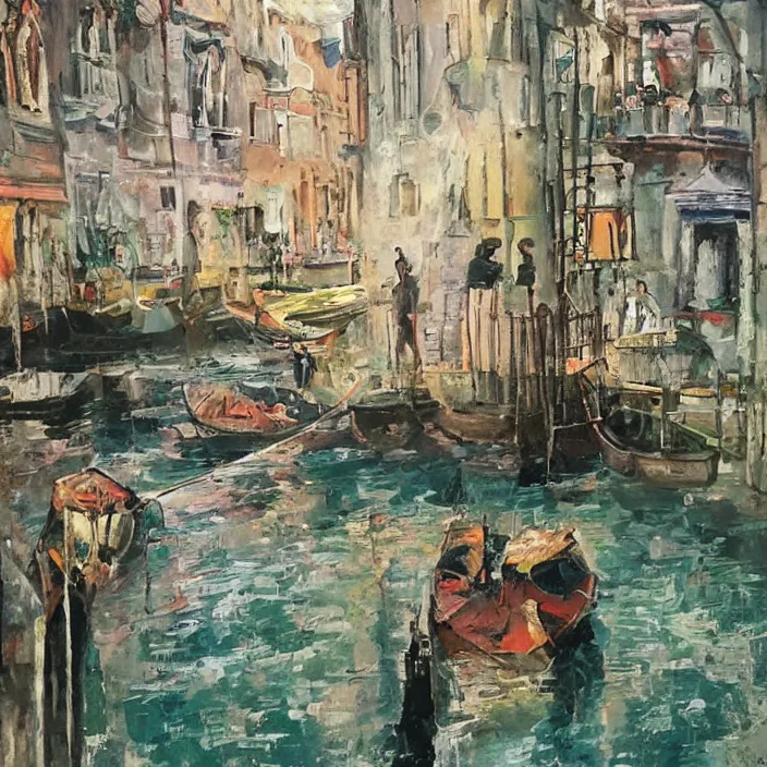 Prompt: venetian gondolas in the style of dali, pastel colors, chiaroscuro, bleached colors, cold shades, perfect beautiful, palette knife, surreal