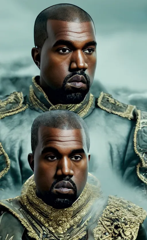 Image similar to Portrait of Kanye West as Emperor Napoleon in Skyrim, splash art, movie still, cinematic lighting, dramatic, octane render, long lens, shallow depth of field, bokeh, anamorphic lens flare, 8k, hyper detailed, 35mm film grain