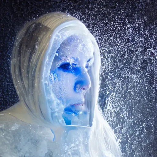 Image similar to futuristic female soldier eyes closed partly submerged in highly viscous clear fluid, frost particles, ice needles, cold blue light, complex hyperdetailed technical suit. white hair flowing. reflection. rays and dispersion of light. volumetric light. 5 0 mm, f / 3 2. noise film photo. ultra realistic, wide angle.