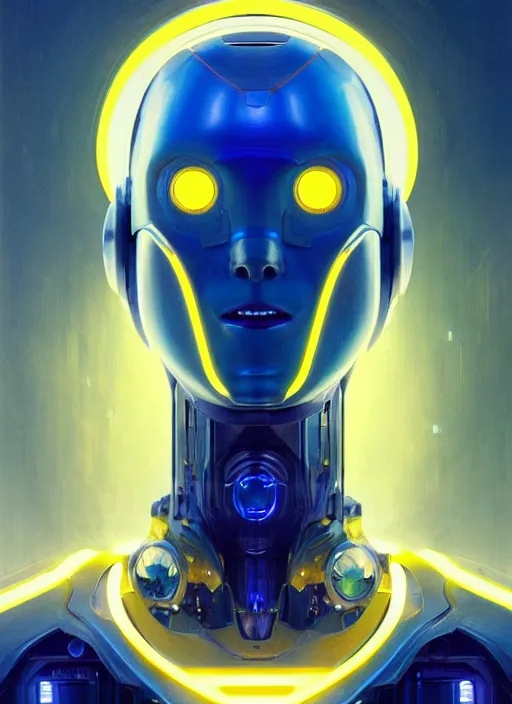 Image similar to symmetry portrait of a robot grinning, sci - fi, tech wear, blue and yellow glowing lights, intricate, elegant, highly detailed, digital painting, artstation, concept art, smooth, sharp focus, illustration, art by artgerm and greg rutkowski and alphonse mucha