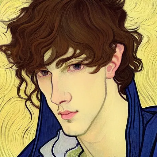 Image similar to portrait painting of young handsome beautiful paladin elf!! man with long! wavy dark hair and blue eyes in his 2 0 s named taehyung minjun james, pale, wearing armor!, gorgeous hair, elf ears, icy eyes, elegant, cute, delicate, soft facial features, art by alphonse mucha, vincent van gogh, egon schiele,