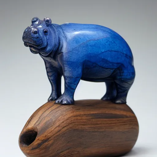 Image similar to a small hippo statue carved from natural wood, dipped in polished blue ceramic, half and half, mixed media, side view