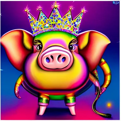 Image similar to lisa frank superhero pose pig wearing a gold crown holding 3d rectangles painting by android jones