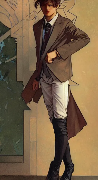 Image similar to Full body portrait of a pretty catboy in his twenties in fancy clothes. Art by Greg Rutkowski and Alphonse Mucha