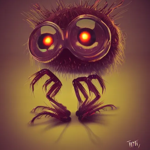 Image similar to a bottle with a cute small fluffy spider with huge eyes inside, digital illustration, cartoon creature, vivid color, soft light, nice, cute, beautiful, masterpiece, tranding on artstation, very detailed, 3 d render, by pixar