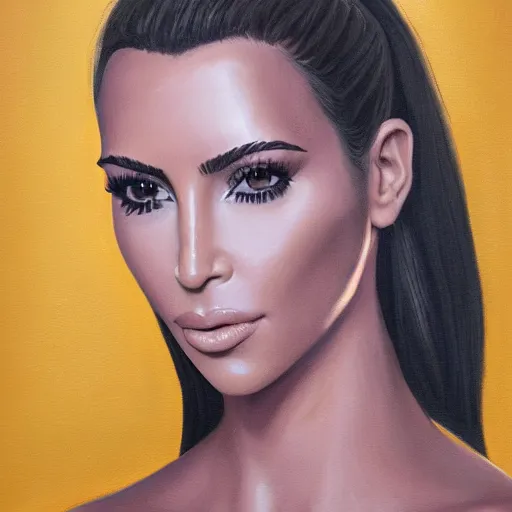 Image similar to a symmetrical portrait of kim kardashian, oil painting, pale colors, high detail, 8 k, wide angle, trending on artstation,