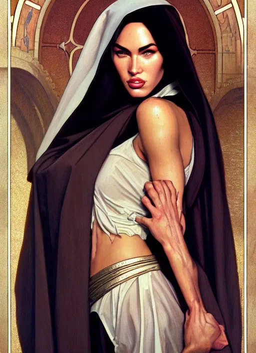 Image similar to portrait of megan fox as a sultry nun, catholic, church, bible, christian, intricate, headshot, highly detailed, digital painting, artstation, concept art, sharp focus, cinematic lighting, illustration, art by artgerm and greg rutkowski, alphonse mucha, cgsociety