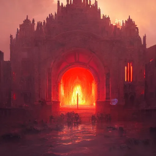 Image similar to gates to hell, by greg rutkowski, sung choi, photo realistic, 8 k, cinematic lighting, hd, atmospheric, hyperdetailed, trending on artstation, devainart, digital painting, glow effect