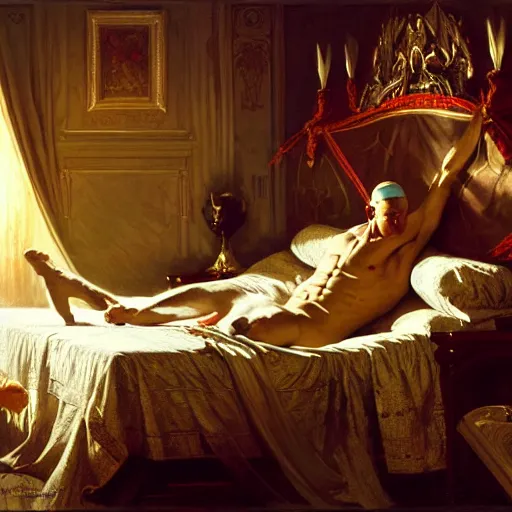 Image similar to the pope is in his bed, terrified, because a double horned shadow demon is in the wallpaper of the bedroom. highly detailed painting by gaston bussiere, j. c. leyendecker, greg rutkowski, craig mullins 8 k