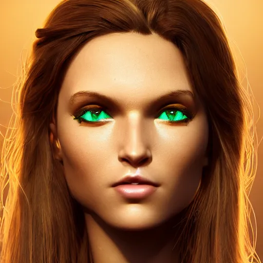 Prompt: photograph of a cute woman with bronze brown hair and vivid green eyes, golden hour, 8k, by Irakli Nadar I
