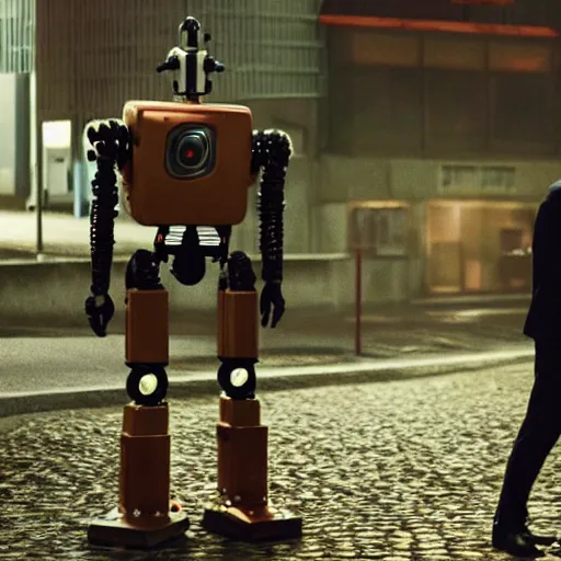 Image similar to movie still of a man and a robot in a moment of jealousy, movie by edgar wright