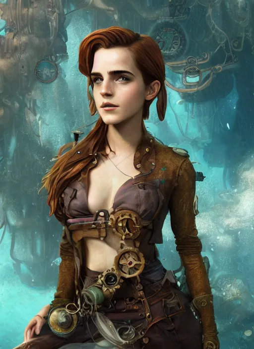 Image similar to underwater steampunk emma watson, au naturel, hyper detailed, digital art, trending in artstation, cinematic lighting, studio quality, smooth render, unreal engine 5 rendered, octane rendered, art style by klimt and nixeu and ian sprigger and wlop and krenz cushart.