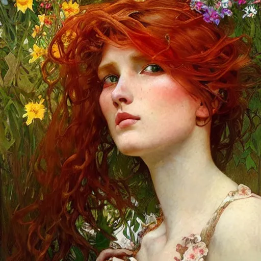 Prompt: a beautiful red haired woman in a garden, beautiful highly detailed face, stunning painting by irakli nadar and greg rutkowski alphonse mucha