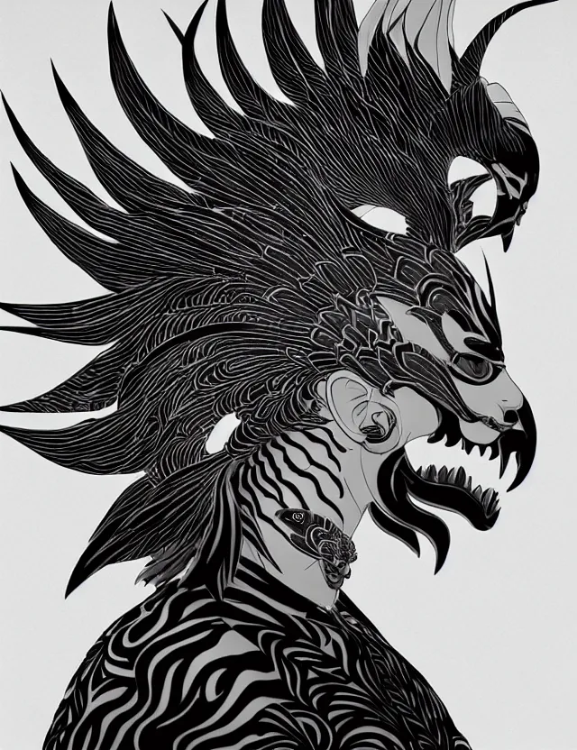 Image similar to 3 d goddess close - up profile simple portrait punk with mohawk with tiger skull. beautiful intricately detailed japanese crow kitsune mask and clasical japanese kimono. betta fish, jellyfish phoenix, bio luminescent, plasma, ice, water, wind, creature, artwork by tooth wu and wlop and beeple and greg rutkowski