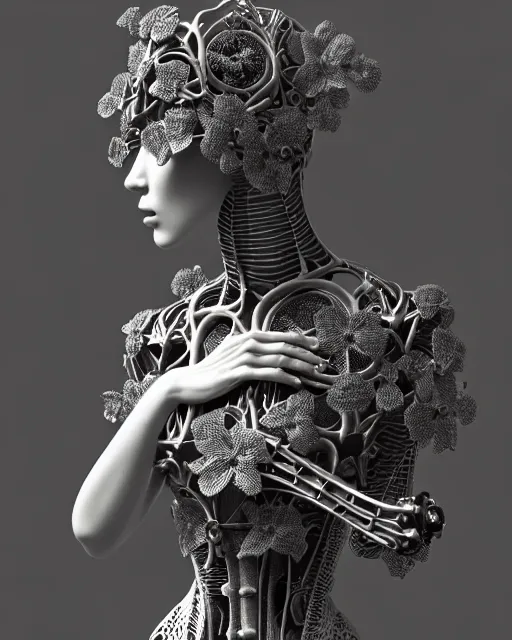 Image similar to monochrome 3 d model, 1 8 7 0 picture, silver mesh floral steampunk biomechanical beautiful young female cyborg with porcelain profile face and a techno eye, volumetric light, leaves foliage and stems, hibiscus flowers, sinuous fine roots, fine foliage lace, alexander mcqueen, rim light, big gothic fashion pearl embroidered collar, octane render, 8 k