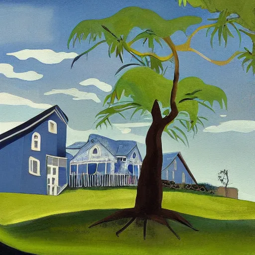 Image similar to a painting of a blue house under a tree, a gouache by charles e. burchfield, behance contest winner, american scene painting, storybook illustration, photoillustration, detailed painting