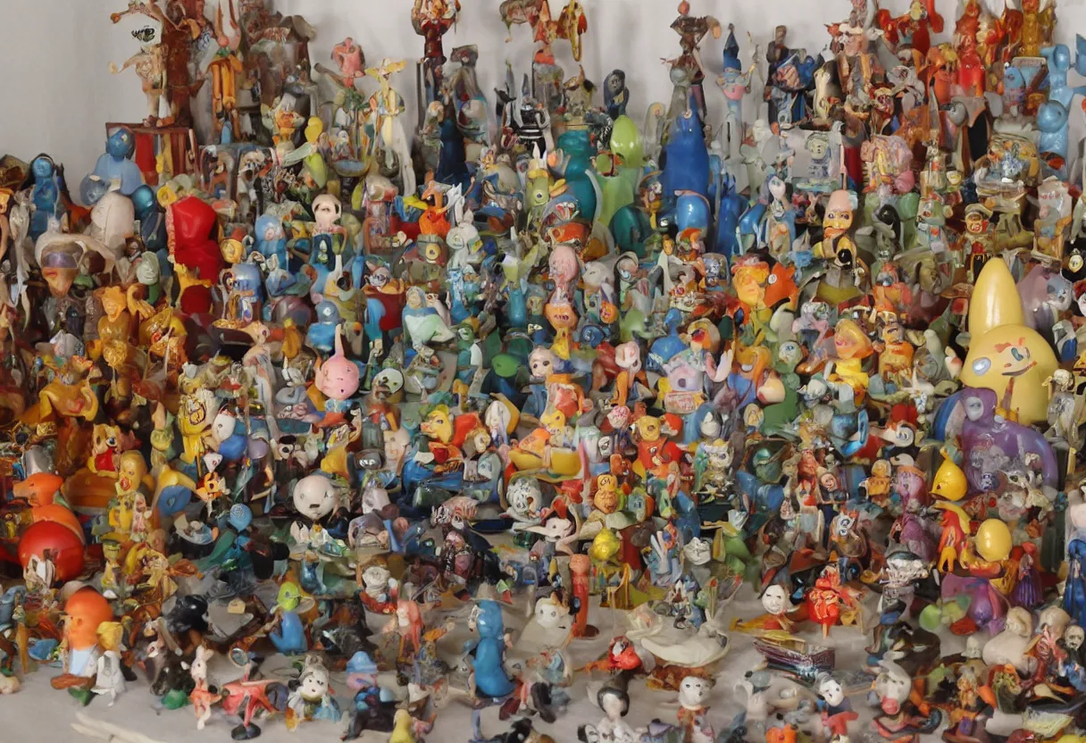 Prompt: vintage collection of 1 9 6 0 s cartoon occult sculpture toys on display