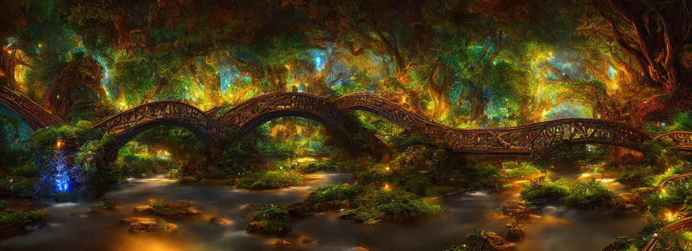 Prompt: photograph of enchanted garden, blue river in the middle, 1 glowing bridge crossing river, plants with intricate detail, by marc adamus, highly detailed, intricate detail, cinematic lighting