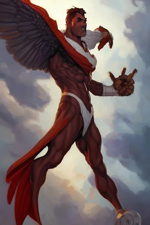 Image similar to character art by wlop, steve henderson, and j scott campbell, gooseman, male hero, goose!!! head, wings, 4 k, arstation, trending, high quality, very detailed, digital