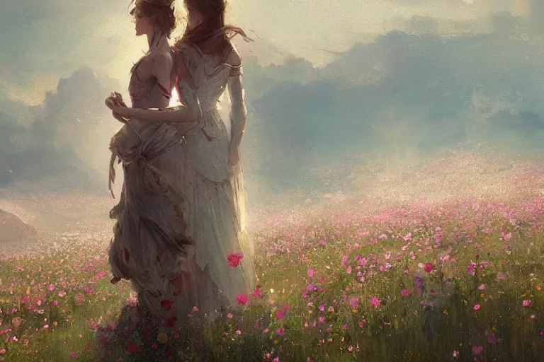 Image similar to a beautiful painting of the sea of flower, two people, by greg rutkowski, trending on artstation