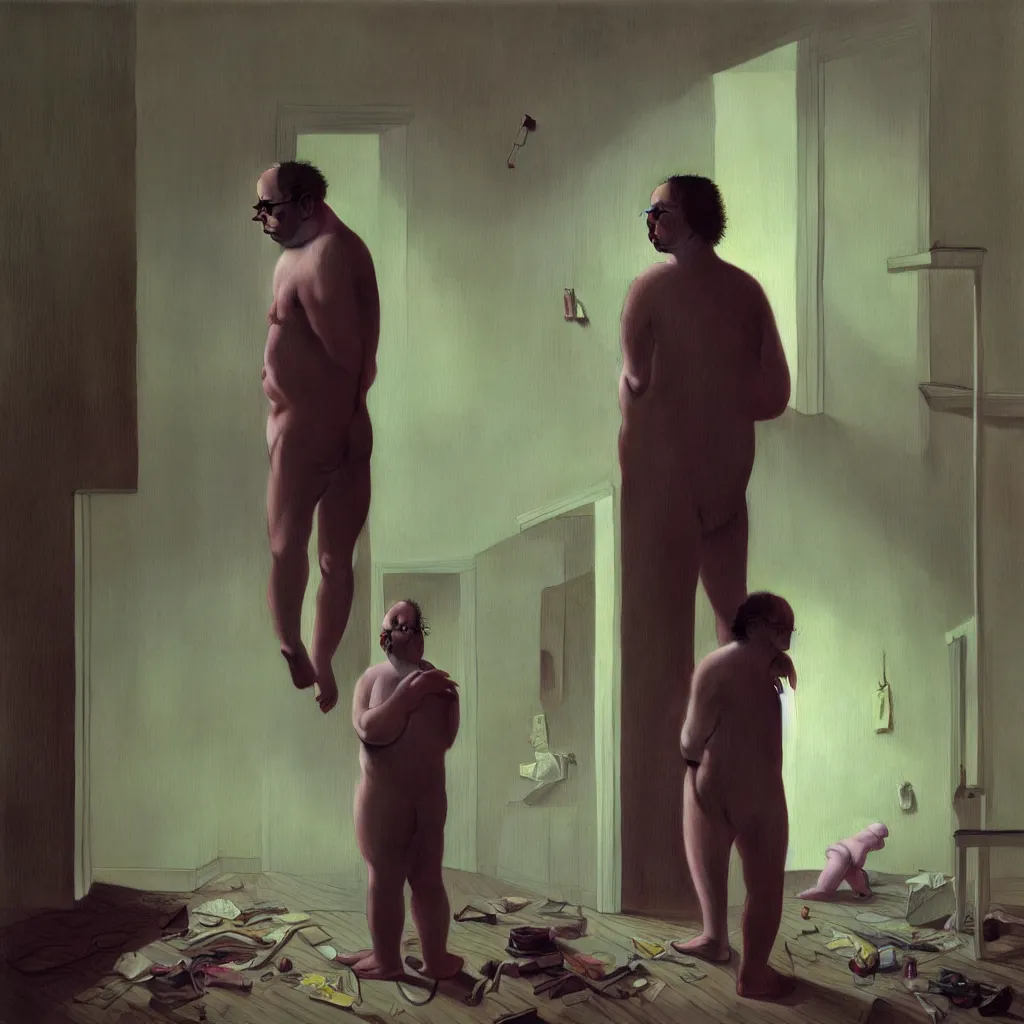 Image similar to weird and disturbing portrait of todd solondz standing alone in an empty appartment, vivid colors, neon, art by gregory crewdson and francis bacon and artgerm and wlop and william - adolphe bouguereau