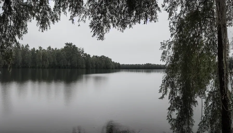 Image similar to photograph of an infinitely long rope floating on the surface of the water, the rope is snaking from the foreground towards the center of the lake, a dark lake on a cloudy day, trees in the background, moody scene, anamorphic lens